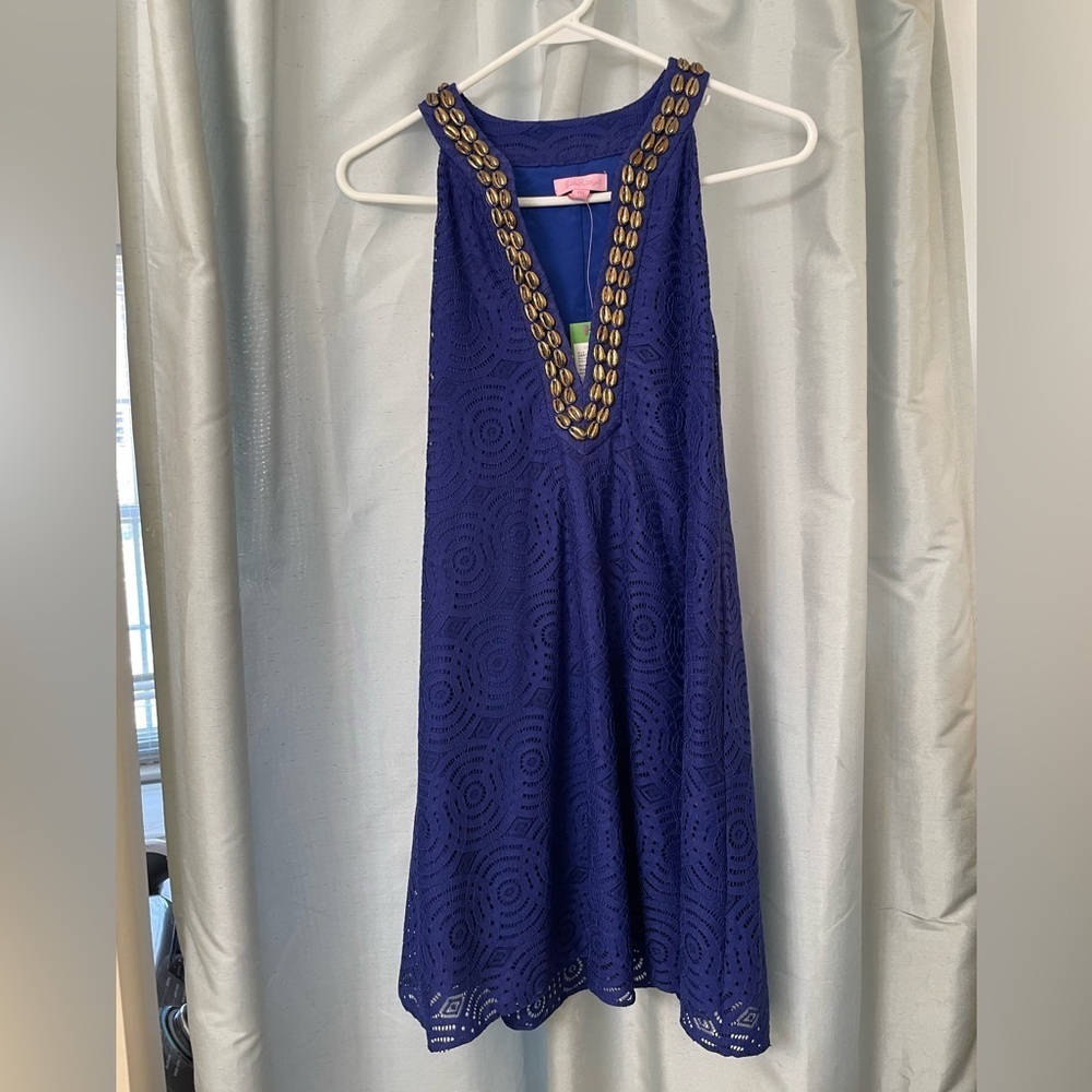Lilly Pulitzer XXS Elegant Blue Dress with Gold Shell Accents